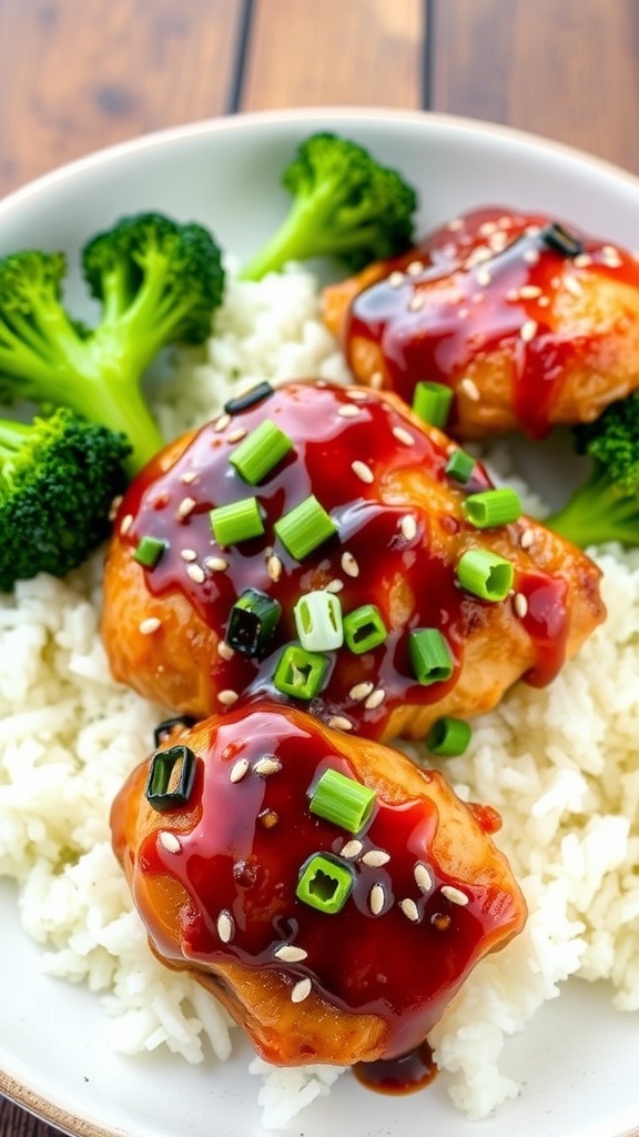 Air fryer chicken teriyaki served over rice with sesame seeds and green onions, alongside steamed broccoli.